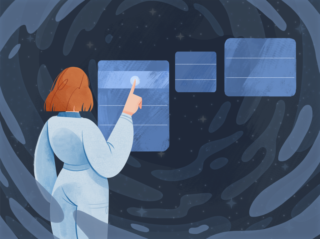 An illustration of a girl picking between several screens